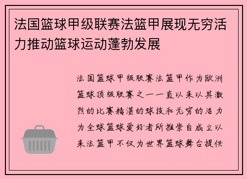 法国篮球甲级联赛法篮甲展现无穷活力推动篮球运动蓬勃发展