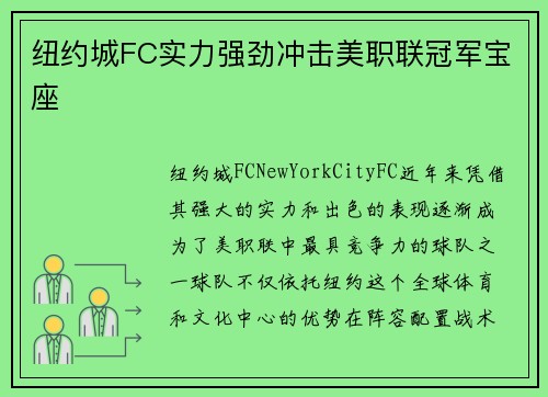 纽约城FC实力强劲冲击美职联冠军宝座